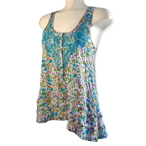 Janet Paris floral ruffle and button tank top with lace overlay size small - Picture 1 of 13